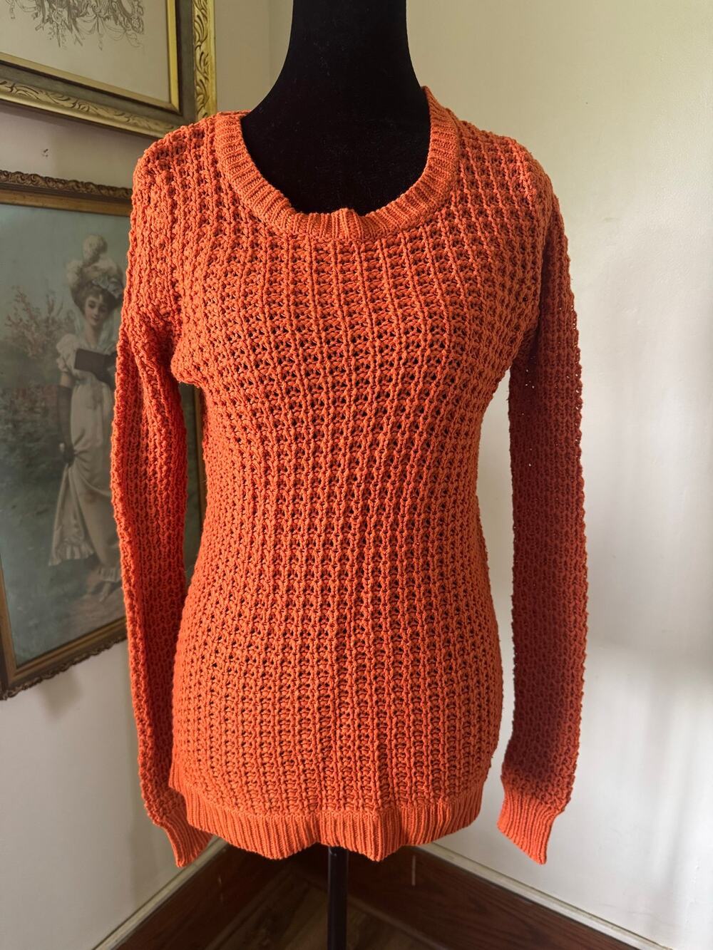 Pumpkin Orange Open Knit Crochet Sweater Medium Long Sleeve Scoop Neck